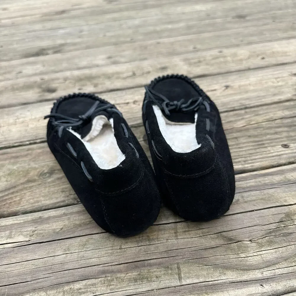Minnetonka Moccasins Womens Size 9 Black Suede Faux Fur Fuzzy Slip On Loafers